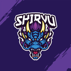 Mascot Logo of a Blue Dragon Head with Gold Horns and a Purple Mane