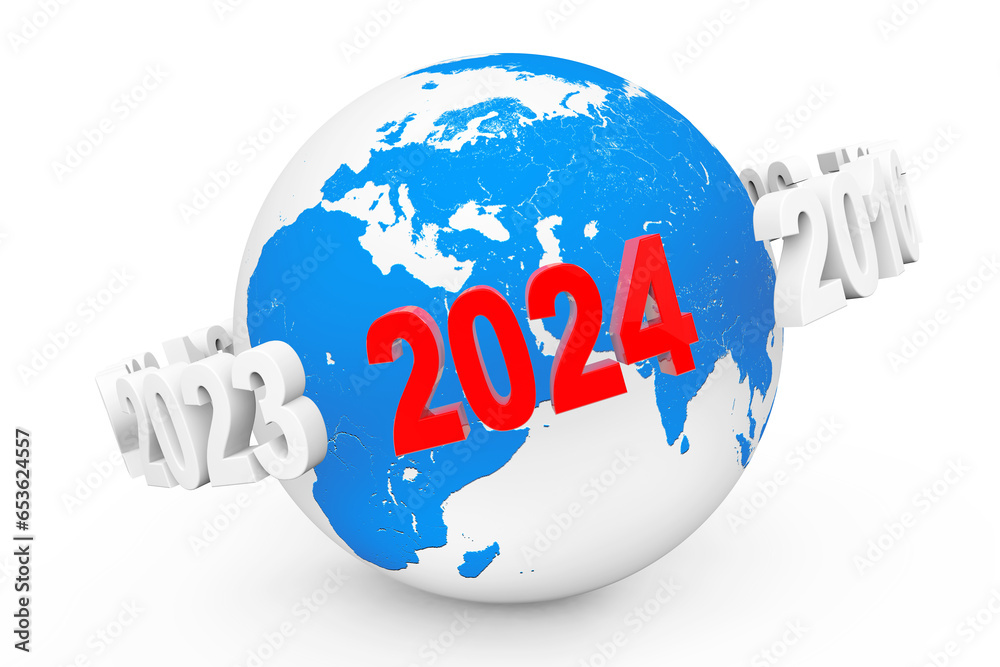 Poster New Year Concept. 3d number 2024 around Earth Globe. 3d Rendering