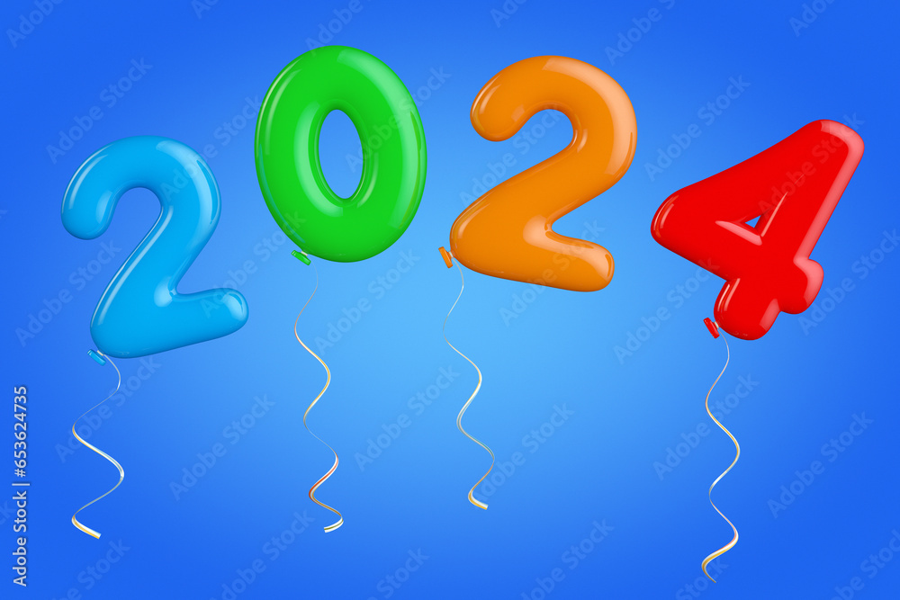 Poster multicolour balloons as 2024 new year sign. 3d rendering