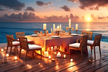 Foto op Canvas  Amazing dinner on the beach on beautiful colourful wooden deck with candles under sunset sky.  luxury destination dinning, exotic table setup with sea view  © Malaika
