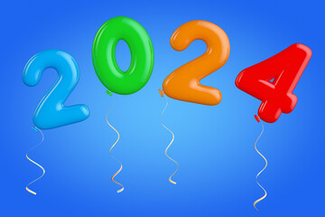 Multicolour Balloons as 2024 New Year Sign. 3d Rendering