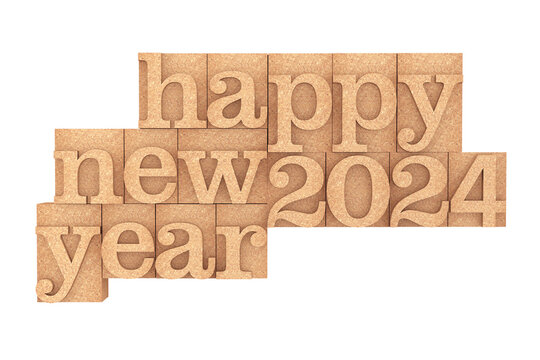 Naklejki Vintage wood type Printing Blocks with Happy New 2024 Year Slogan. 3d Rendering