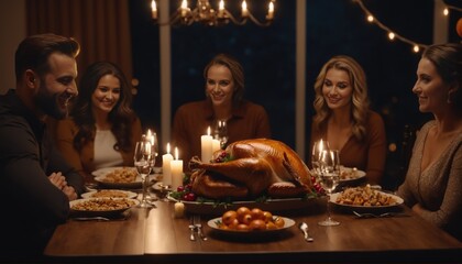 Thanksgiving family dinner with turkey and candlelight. Thanksgiving Day holiday celebration - obrazy, fototapety, plakaty
