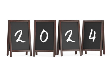 Wooden Menu Blackboard Outdoor Displays with 2024 Year Sign. 3d Rendering