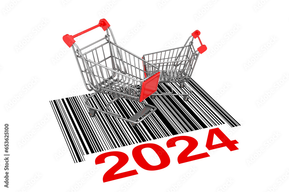 Leinwandbilder two empty shopping carts over abstract bar code with new 2024 year sign. 3d rendering