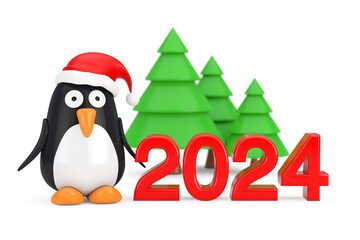 Green Trees and Cartoon Penguin Character with Santa Hat near 2024 New Year Sign. 3d Rendering