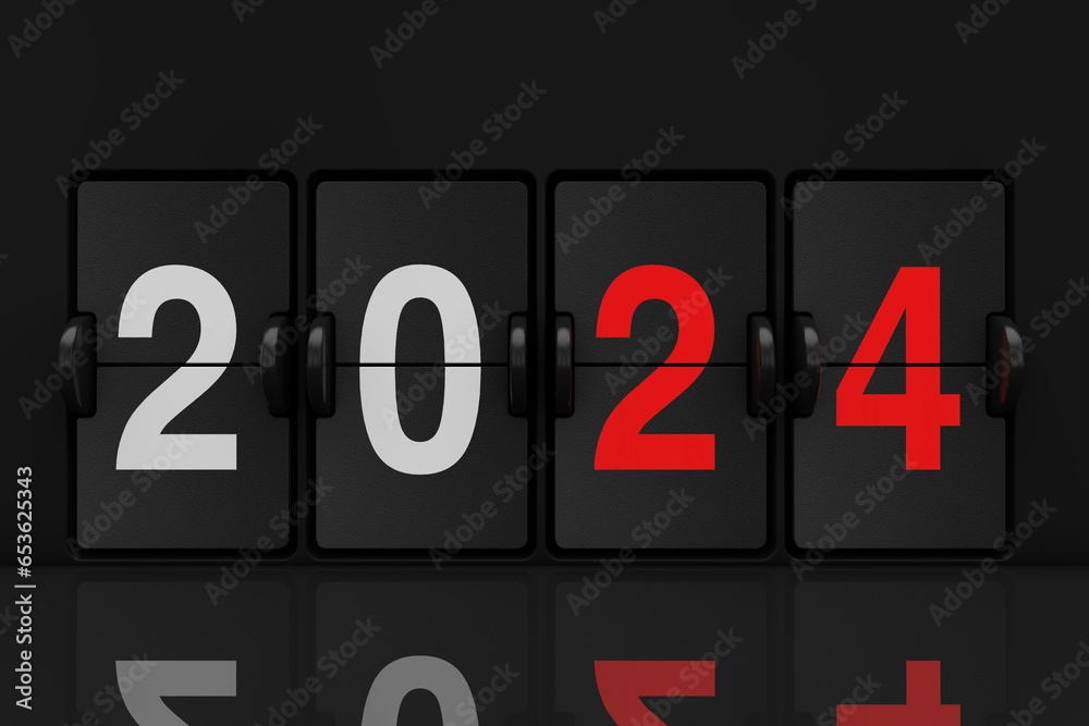 Poster Mechanical Analog Flip Clock Board with 2024 New Year Sign. 3d Rendering