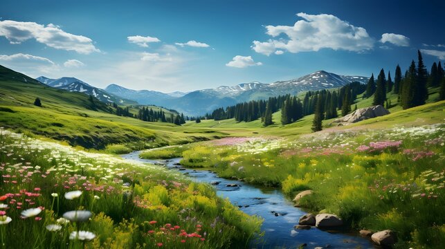 Rolling green meadows that stretch as far as the eye can see. This expansive landscape picture of serene beauty. Generative Ai