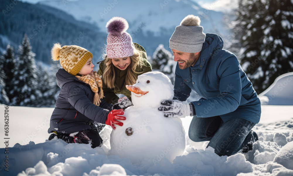 Wall mural Family idyll winter holidays and snow is a time for playing outside and making snowmen of soft white snow. Playing in the snow is part of a happy childhood.