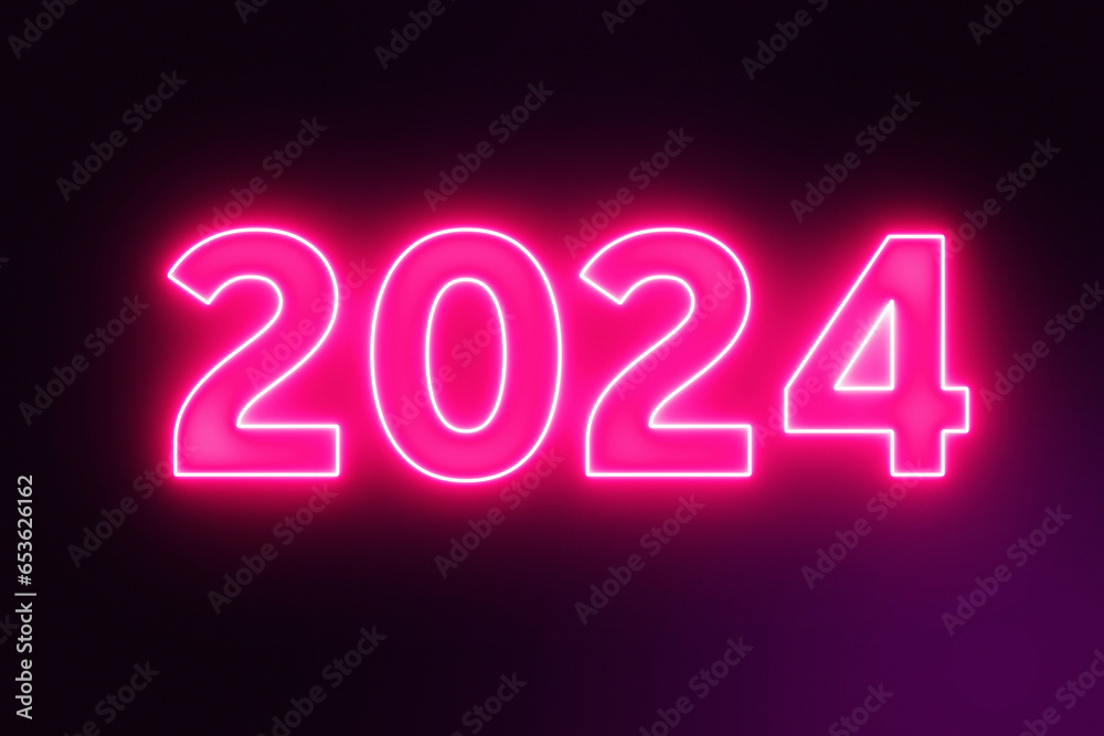 Aufkleber 2024 new year neon text closeup. 3d rendering