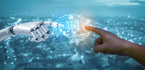 AI, machine learning, robot hand and human touch in big data network connection, data exchange,...