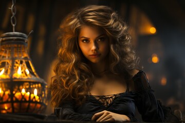 Fototapeta premium Young woman in a spooky witch costume with a bubbling cauldron in the background, Generative AI