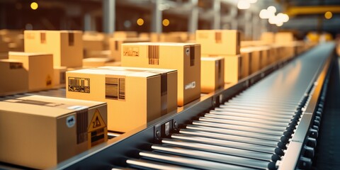 Close-up shot of several cardboard boxes moving along conveyor belt in a warehouse. Generative AI