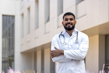 Portrait of a young doctor student, an intern standing outside the medical building and looking at...