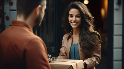 Handover of an ordered package by a delivery service to the lucky recipient at the front door