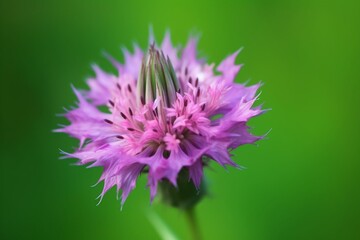 Close-up of a pink cornflower on a green background. Generative AI