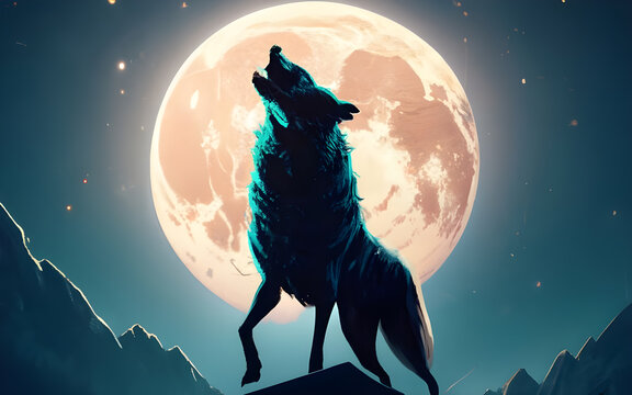 Lone Guardian of the Night, Majestic Wolf Silhouette Bathed in Moonlight
