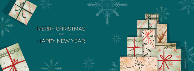 Horizontal banner with a bunch of gifts, presents boxes with ribbons and on snowflakes the marrs green background. Merry Christmas and Happy New Year. Digital watercolor design for print