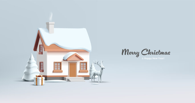 Christmas winter festive 3d composition. Ginger cookie house with Reindeer and white Christmas tree and gift bow, white render statuettes, realistic trendy postcard illustration