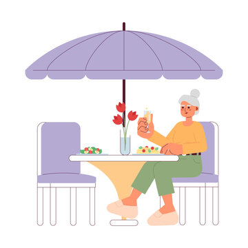 Senior Woman Eating Fancy Dinner 2D Cartoon Character. Elderly Lady At Patio Dining Restaurant Isolated Vector Person White Background. Toasting Drink. Retirement Enjoying Color Flat Spot Illustration