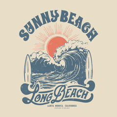  Vintage Beach Waves Graphic T-shirt design in vector format, this design included for Vintage typography waves text, modern palm tree, surf board, sun and big waves, use this design for T- shirt ,  - obrazy, fototapety, plakaty