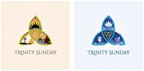 Trinity Sunday Greeting card set. Triquetra. Religious trinity, crown, cross, holy spirit, dove. Gold and blue trinity. Observed on the first Sunday after Pentecost. Vector Illustration. 