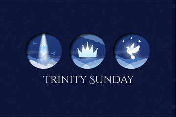Trinity Sunday Design. Religious trinity, crown, Jesus, holy spirit, dove. Blue and white. Observed on the first Sunday after Pentecost. Three religious icons. Vector Illustration. 
