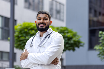 Portrait of a smiling young Muslim male veterinarian standing outside a hospital and looking confidently into the camera with his arms crossed over his chest