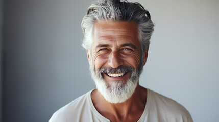 Man in his sixties seventies, elderly older elder man with gray hair is laughing and smiling, mature old man with healthy face ans skin and white teeth