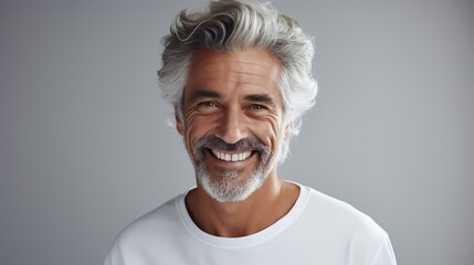 Man in his sixties seventies, elderly older elder man with gray hair is laughing and smiling, mature old man with healthy face ans skin and white teeth
