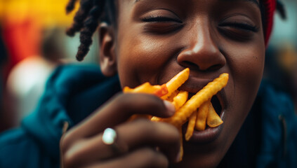 Mouth of young woman eating french fries. Cheat meal concept. Pretty woman eats french fries containing much calories being fast food lover has mouth full of chips