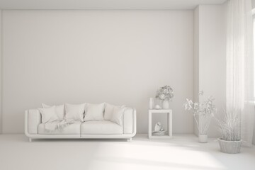 Grey living room concept with sofa. 3D illustration