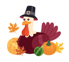 Thanksgiving pilgrim turkey in pumpkins fall 2D cartoon character. Wearing hat capotain poultry fowl isolated vector animal white background. Harvest autumn celebrate color flat spot illustration