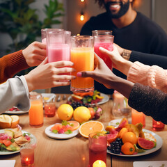 Group of multi ethnic people having sober dinner and toasting non-alcoholic drinks