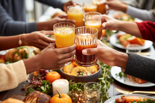 Group of multi ethnic friends having sober dinner and toasting non-alcoholic beverages - Powered by Adobe