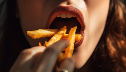 Mouth of young woman eating french fries. Cheat meal concept. Pretty woman eats french fries containing much calories being fast food lover has mouth full of chips - obrazy, fototapety, plakaty