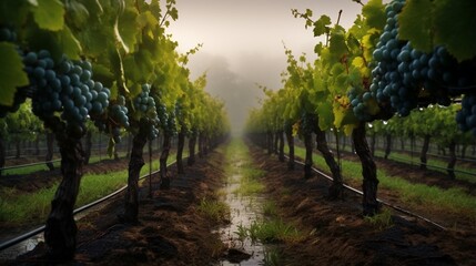 Fototapeta na wymiar a rain-sprinkled vineyard, where the vines stretch toward the sky, embracing the rain's gift of life and flavor
