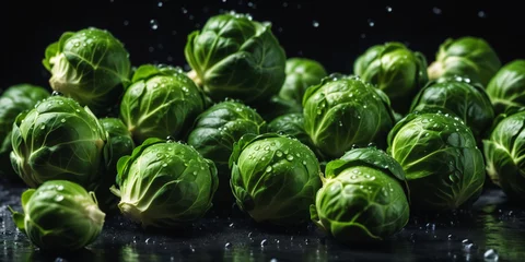 Foto op Plexiglas anti-reflex brussels sprouts with water drops on a black background © magann