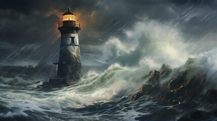 a rain-swept coastal lighthouse, standing sentinel against the stormy seas, its beacon guiding ships to safety - obrazy, fototapety, plakaty