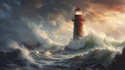 a rain-swept coastal lighthouse, standing sentinel against the stormy seas, its beacon guiding ships to safety