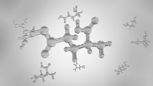 Monosodium glutamate, MSG or sodium glutamate molecules. MSG is used in cooking as a flavor enhancer with an umami taste 3d rendering