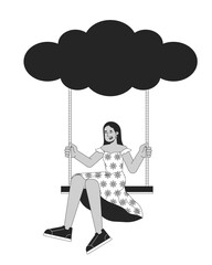 Happy girl on swing hanging from cloud black and white 2D illustration concept. Swinging woman carefree cartoon outline character isolated on white. Dreams imagination metaphor monochrome vector art
