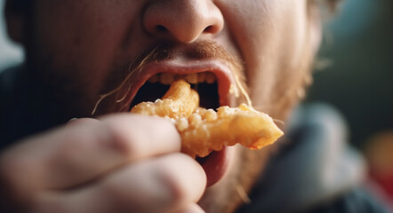 Mouth of man eating French fries. Fast food and people concept, close up of happy man eating french fries. Unhealthy Fastfood concept - obrazy, fototapety, plakaty