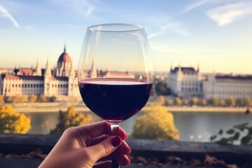 Fototapeta premium person drinking red wine at sunset in Budapest, Hungary. Hand holding a wineglass with city view.