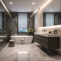 Design a sophisticated and serene washroom interior with a minimalist aesthetic. The space should be windowless, emphasizing simplicity and elegance. Incorporate a white sink with sleek silver fixture