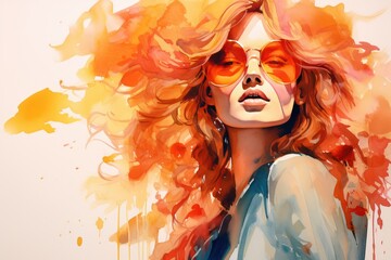 Beautiful red hair woman in sunglasses fashion watercolor illustration. Trendy card or party invitation, t-shirt print, tote bag design, shopping mall banner, beauty or optics salon poster.