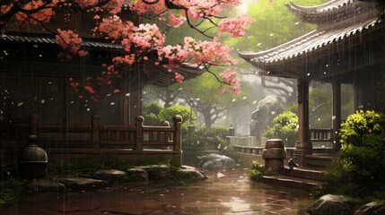 a rain-swept garden, where blossoms and leaves bow gracefully under the weight of raindrops, a scene of quiet elegance
