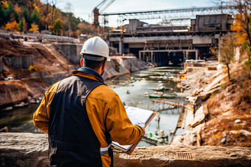 Worker supervising the construction of a hydroelectric plant - obrazy, fototapety, plakaty