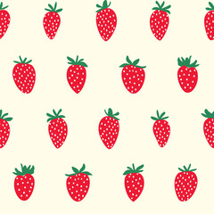 Seamless pattern, vector illustration of simple green and red wild strawberries in a fun and cute geometrical flat design style