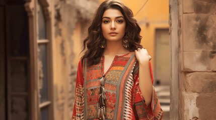 A woman wearing kurti with intricate floral embroidery, elegant and cultural